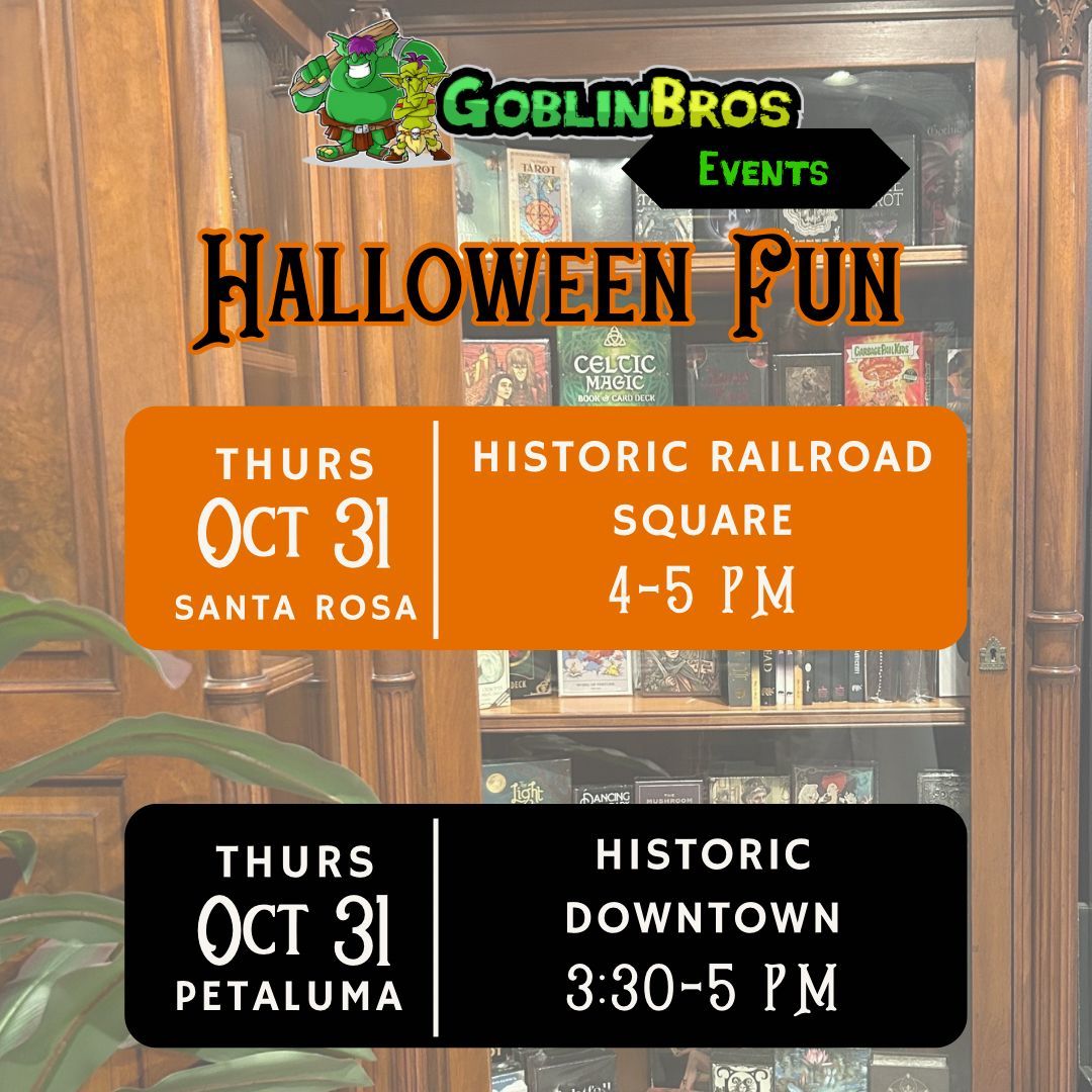 Join us on Halloween for some spooky treats! #goblinbros #funforhumans #visitrrsq #lovepetaluma <a href="/railroad_square/">Railroad Square</a> @petalumadowntown @shoppetaluma @downtownsantarosa #trickortreat