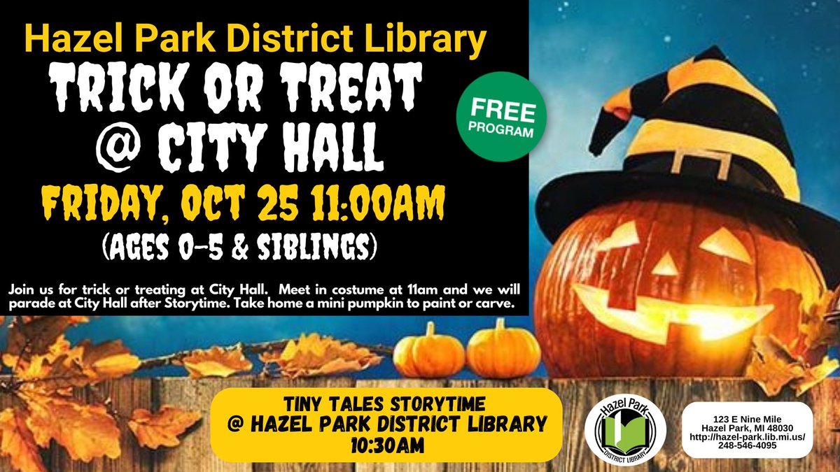 Tomorrow, Friday, October 25th is our annual Trick or Treat event at City Hall.  There will be storytime beforehand at 10:30am and then we'll walk to the City Hall building to trick or treat. Homeschool students are welcome to come also and join in the fun.