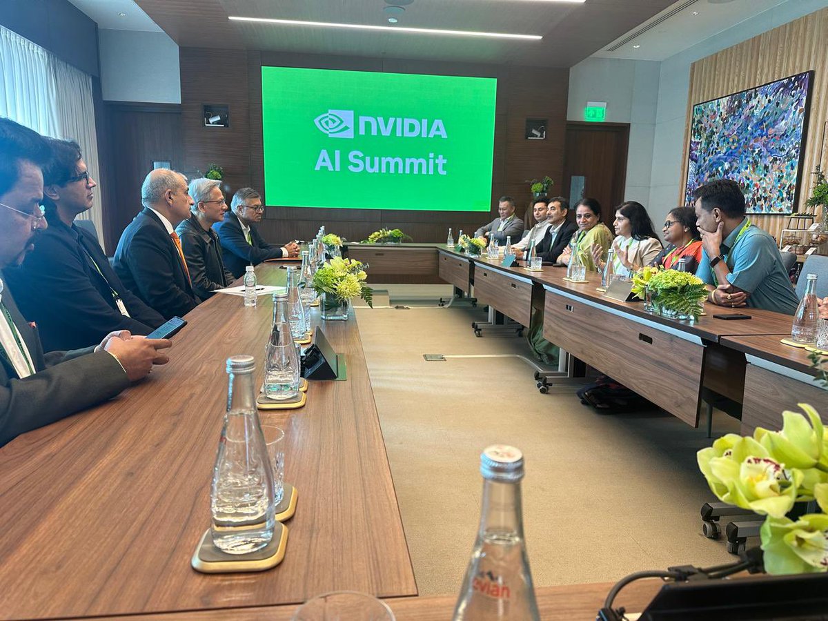 Had the privilege of participating in a roundtable with <a href="/thejesenhuang/">Jensen Huang</a> , CEO of <a href="/nvidia/">NVIDIA</a> , at the AI Summit. I explained him  how #AI is being used to solve social problems in  Telangana, he said AI can be used in agriculture to benefit farmers.