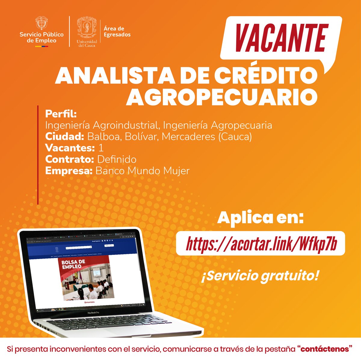 🤳Conoce estas y todas las oportunidades que tiene la Bolsa de Empleo Unicauca, un servicio gratuito para egresados unicaucanos 💼✨

📎Asesor de Servicios: acortar.link/YY8Kms
📎Analista de Crédito: acortar.link/Wfkp7b

#EgresadosUnicauca #Unicauca #Empleo #Trabajo