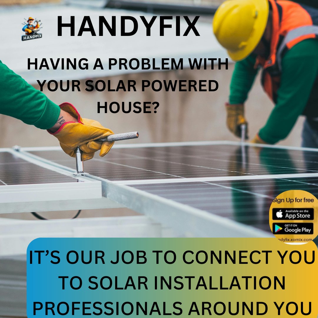 🌞 Attention Homeowners! 🌞

Are you looking to harness the power of the sun? ☀️✨ HandyFix is here to help!

Join our growing community of Solar Installation Experts on the HandyFix mobile app. Whether you're in need of installation, maintenance, or consultation, our skilled pr