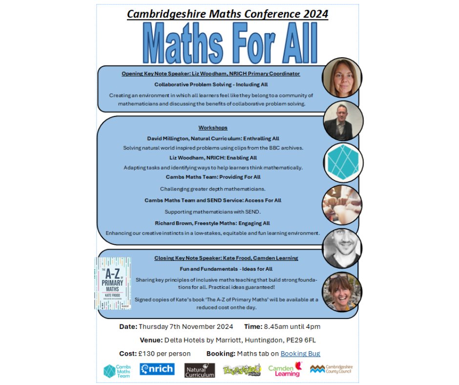 Cambs SIS Team (@cambs_sis) on Twitter photo Two weeks to go until our Maths For All Conference! Places open to MSLs from non-LA and out of county primary schools too. Book under the Maths Courses tab at School Improvement Service online calendar
<a href="/emw1001/">Liz Woodham</a> <a href="/nrichmaths/">NRICH maths</a> <a href="/Natural_Curric/">Natural Curriculum</a> <a href="/FreestyleMaths/">Richard Brown</a> <a href="/KateFrood/">Kate Frood</a> Two weeks to go until our Maths For All Conference! Places open to MSLs from non-LA and out of county primary schools too. Book under the Maths Courses tab at School Improvement Service online calendar
<a href="/emw1001/">Liz Woodham</a> <a href="/nrichmaths/">NRICH maths</a> <a href="/Natural_Curric/">Natural Curriculum</a> <a href="/FreestyleMaths/">Richard Brown</a> <a href="/KateFrood/">Kate Frood</a>