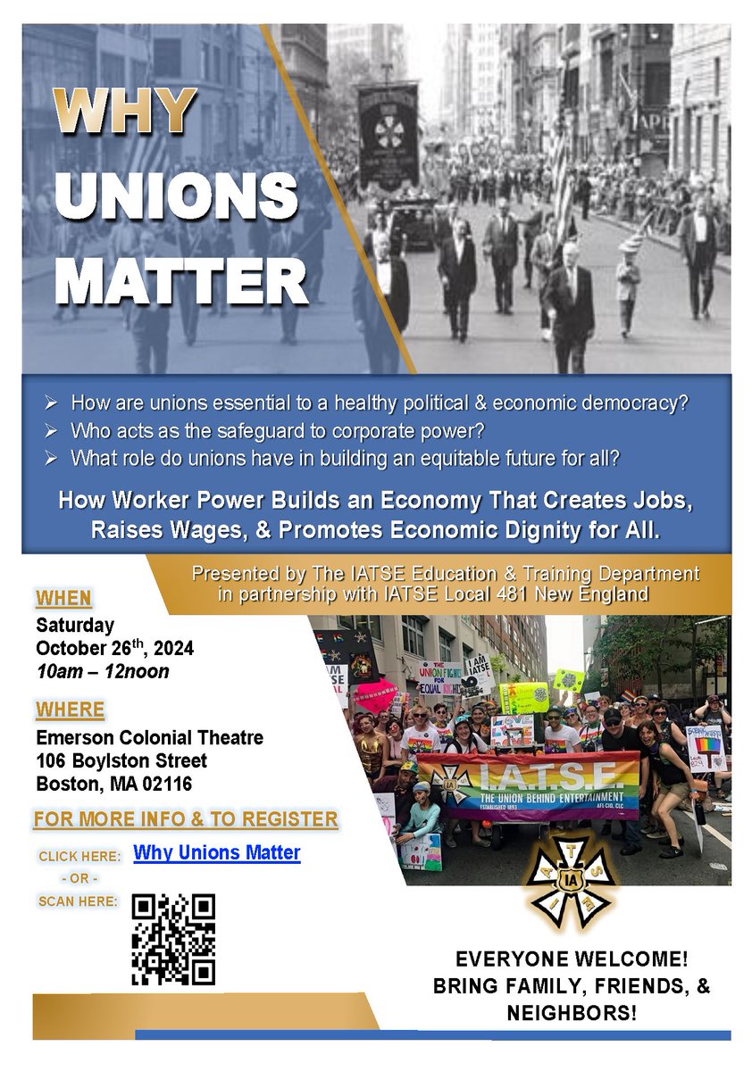 Why do unions matter? Learn how worker power builds an economy that creates jobs, raises wages, &amp; promotes dignity for all!

🗓️ Oct 26th  | 10 AM
📍 Emerson Colonial Theatre, Boston

Presented by the <a href="/IATSE/">IATSE // #IASolidarity</a> Education &amp; Training Dept with <a href="/IATSE481/">IATSE481</a>.

eventcreate.com/e/iaroadshow-b…