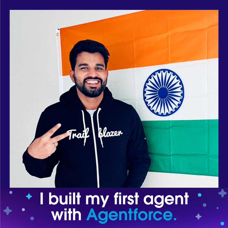 subhamsunu's tweet photo. I built my first agent with Agentforce 🎉
Complete the @salesforce #BuiltWithAgentforce Quest to build yours today and celebrate your new skills with a custom photo. 🤖
Start learning: https://t.co/ndeWoF5KIS
#SFgiveaway https://t.co/Y8UnPWYxU3