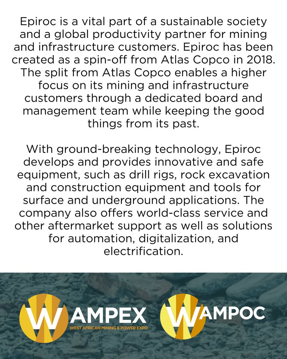 #ExhibitorProfile

We are thrilled to have <a href="/epirocgroup/">Epiroc</a> on board as an exhibitor at #WAMPEX!

Exhibit at the West African Mining and Power Expo (#WAMPEX) in May 2025, in Accra, Ghana and connect with industry leaders.

Enquire to exhibit now! bit.ly/3ywUJdE