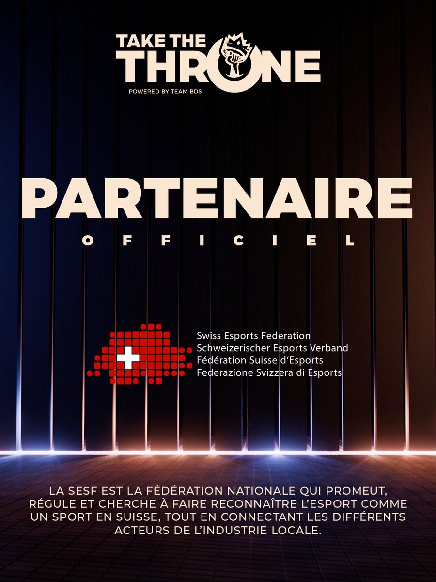 Ensemble, faisons grandir l'esport en Suisse ! 🇨🇭

La <a href="/swissesports/">Swiss Esports Federation</a> l'un des partenaires de #TakeTheThrone !