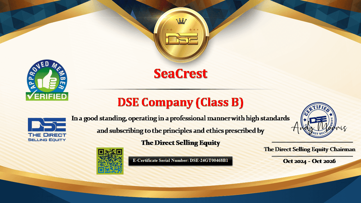 DSellingequity's tweet photo. SeaCrest is Listed now on the DirectSellingEquity Directory at https://t.co/rCPJKJBGnu 
… Certificate valid for 2 Years 👍Congratulations
.
.
.

 #SeaCrest #seacrestinc #SeaCrest_inc #affiliatemarketing #Stability #Usability #workfromhome https://t.co/kfvcbhCxFo