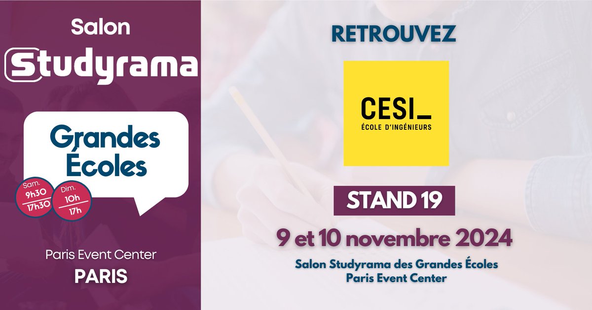Studyrama G Ecoles (@s_grandesecoles) on Twitter photo 🔔Vous souhaitez intégrer une #GrandeEcole d’ingénieurs ? Venez rencontrer <a href="/cesi_officiel/">CESI</a>  sur le salon Studyrama Grandes Ecoles de Paris les 9 et 10 novembre 2024 !
<a href="/jmogier/">Ogier Jean-Marc</a>
Toutes les infos ici 👇 🔔Vous souhaitez intégrer une #GrandeEcole d’ingénieurs ? Venez rencontrer <a href="/cesi_officiel/">CESI</a>  sur le salon Studyrama Grandes Ecoles de Paris les 9 et 10 novembre 2024 !
<a href="/jmogier/">Ogier Jean-Marc</a>
Toutes les infos ici 👇