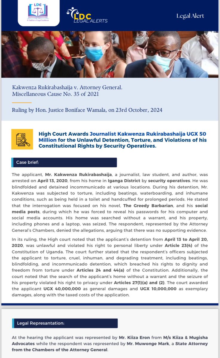 LDC_Uganda's tweet image. #LDCLegalAlert : Kakwenza Rukirabashaija v. Attorney General.
Miscellaneous Cause No. 35 of 2021. Ruling by Hon. Justice Boniface Wamala , on 23rd October 2024. #LDCUgCT