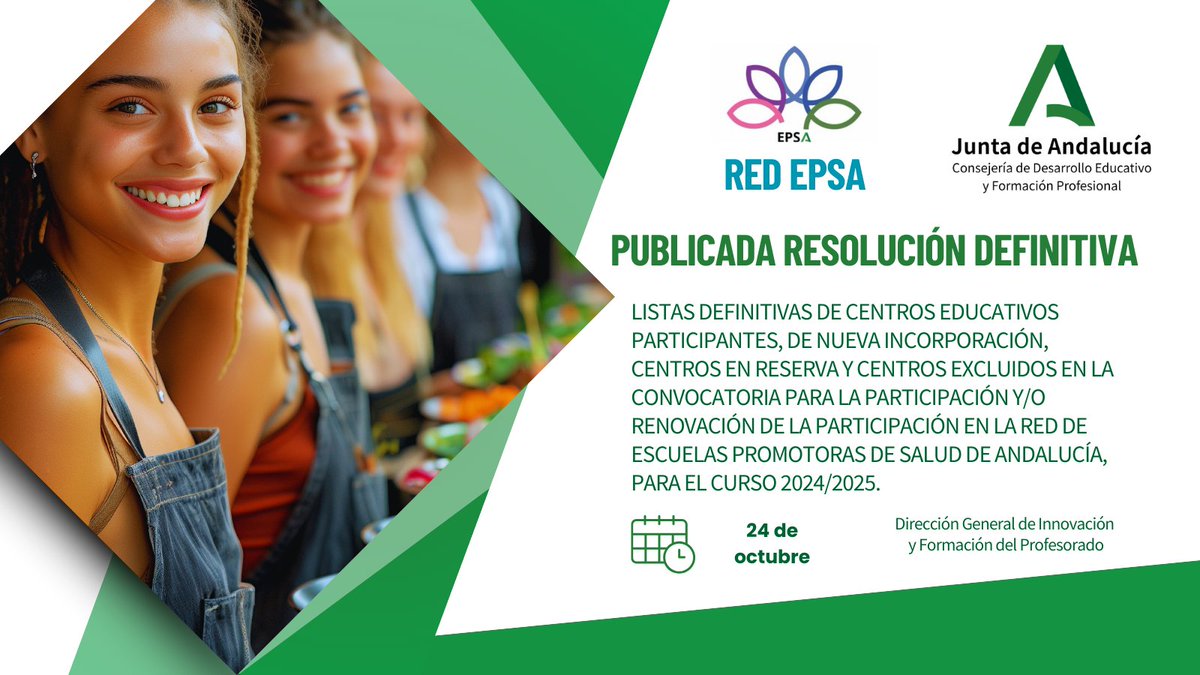 🔎Publicada la Resolución de la Dirección General de Innovación y Formación del Profesorado por la que se aprueban las listas definitivas de centros educativos participantes en la Red EPSA, para el curso 24-25

Consulta las listas aquí 👇

lajunta.es/54zmt

<a href="/EducaAnd/">Consejería Desarrollo Educativo y FP</a>