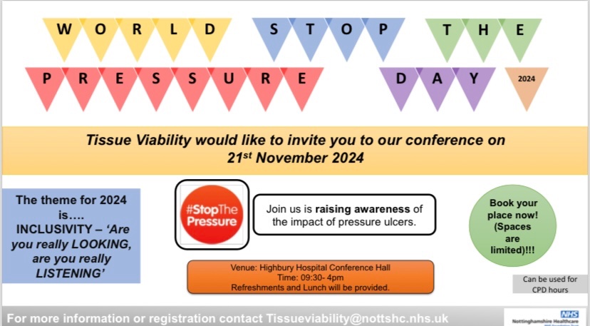 <a href="/NottsHealthcare/">Nottinghamshire Healthcare</a> TV team are excited to announce the ‘World Stop the Pressure day’ conference held on 21st November! Nottshc staff book your place today! <a href="/SoTV_UK/">Society of Tissue Viability</a> <a href="/TheNPIAP/">NPIAP</a> <a href="/EPUAP1/">EPUAP</a>