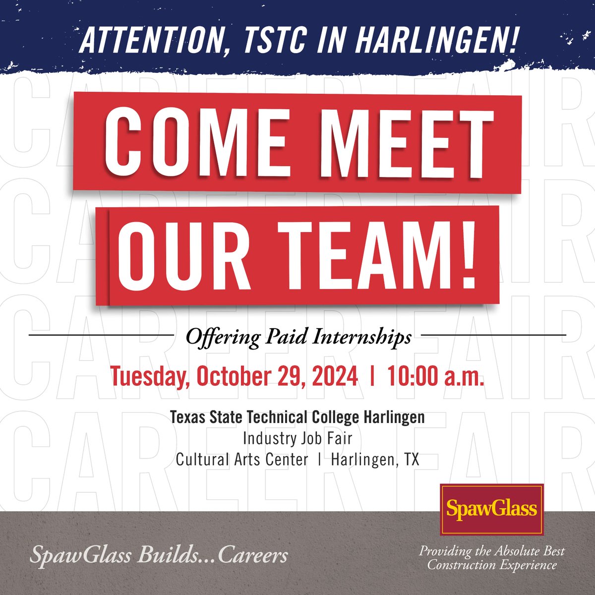 Hey, TSTC in Harlingen students! Stop by and visit with our team on Tues, 10/29 at the Texas State Technical College Harlingen Industry Job Fair! Internships and full-time positions are available. #SGBuildsCareers #SGInterns #AbsoluteBest #TSTCProud #Harlingen
