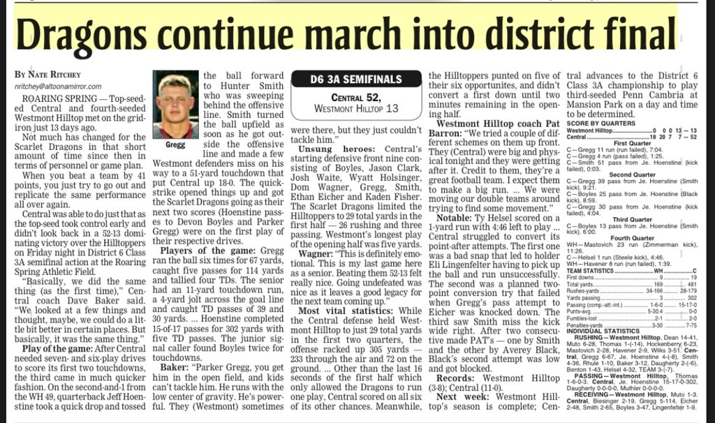 BigHossMan24's tweet image. #TBT
11-5-21
Roaring Spring Athletic Field :
D6 Class 3A semifinal.
Parker Gregg scores 4 touchdowns, Jeff Hoenstine completes 15/17 passes for 302 yards and 5 TD passes. Central defeats Westmont Hilltop 52-13 punching their ticket to the second straight D6 Championship game