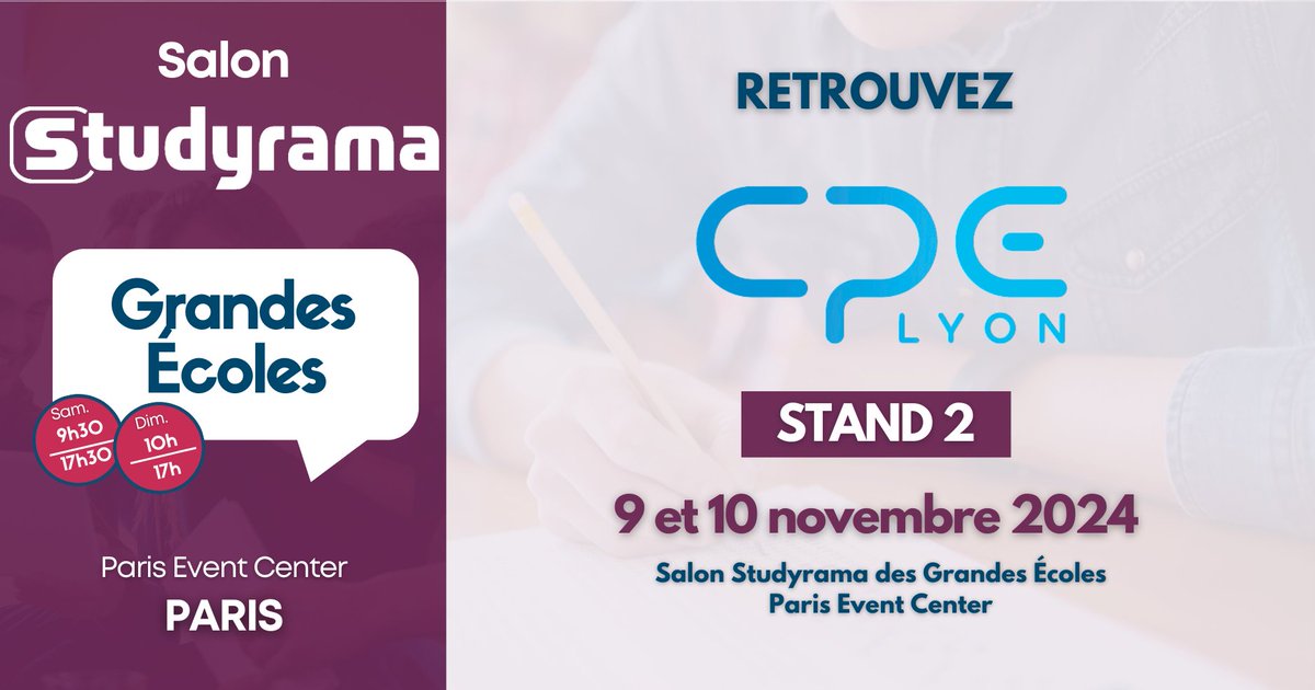 🔔Vous souhaitez intégrer une #GrandeEcole d’ingénieurs ? Venez rencontrer <a href="/CPELyon/">CPE Lyon</a>  sur le salon Studyrama Grandes Ecoles de Paris les 9 et 10 novembre 2024 !

Toutes les infos ici 👇