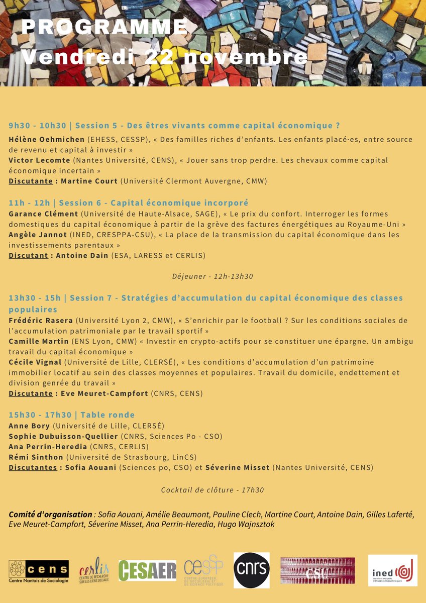 [#socioelites] Journées d'études "Le capital économique dans tous ses états", organisées par le RT5 Classes, inégalités, fragmentations <a href="/afs_socio/">Association Française de Sociologie</a>.
📅 21 &amp; 22 novembre 2024
📌 Site Pouchet (Paris 17e)
<a href="/LeCerlis/">Le CERLIS</a> CESAER <a href="/CENS_Nantes/">Laboratoire CENS</a> @Inedfr @CESSP_UMR <a href="/CNRSshs/">CNRS Sciences humaines & sociales</a> CRESPPA-CSU