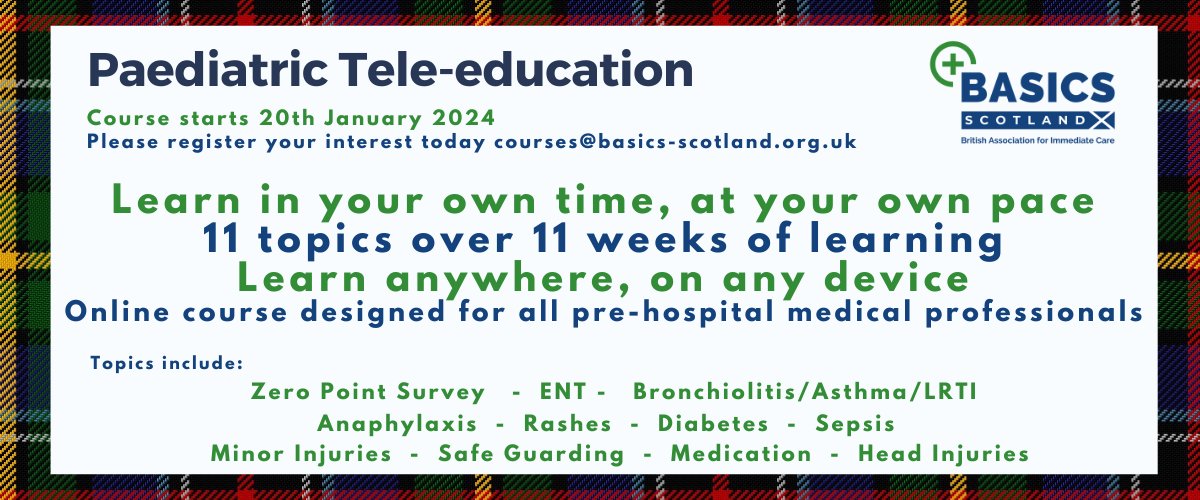 BASICS Scotland (@basicsscotland) on Twitter photo Paediatric Tele-Education starts in January 25
Join us for 11 weeks of expert-led sessions covering 11 key topics, tailored for all pre-hospital medical clinicians.
Don’t miss out on this opportunity to enhance your paediatric skills.
Get in touch now
@csmen <a href="/NHS_Education/">NHS Education for Scotland (NES)</a> Paediatric Tele-Education starts in January 25
Join us for 11 weeks of expert-led sessions covering 11 key topics, tailored for all pre-hospital medical clinicians.
Don’t miss out on this opportunity to enhance your paediatric skills.
Get in touch now
@csmen <a href="/NHS_Education/">NHS Education for Scotland (NES)</a>