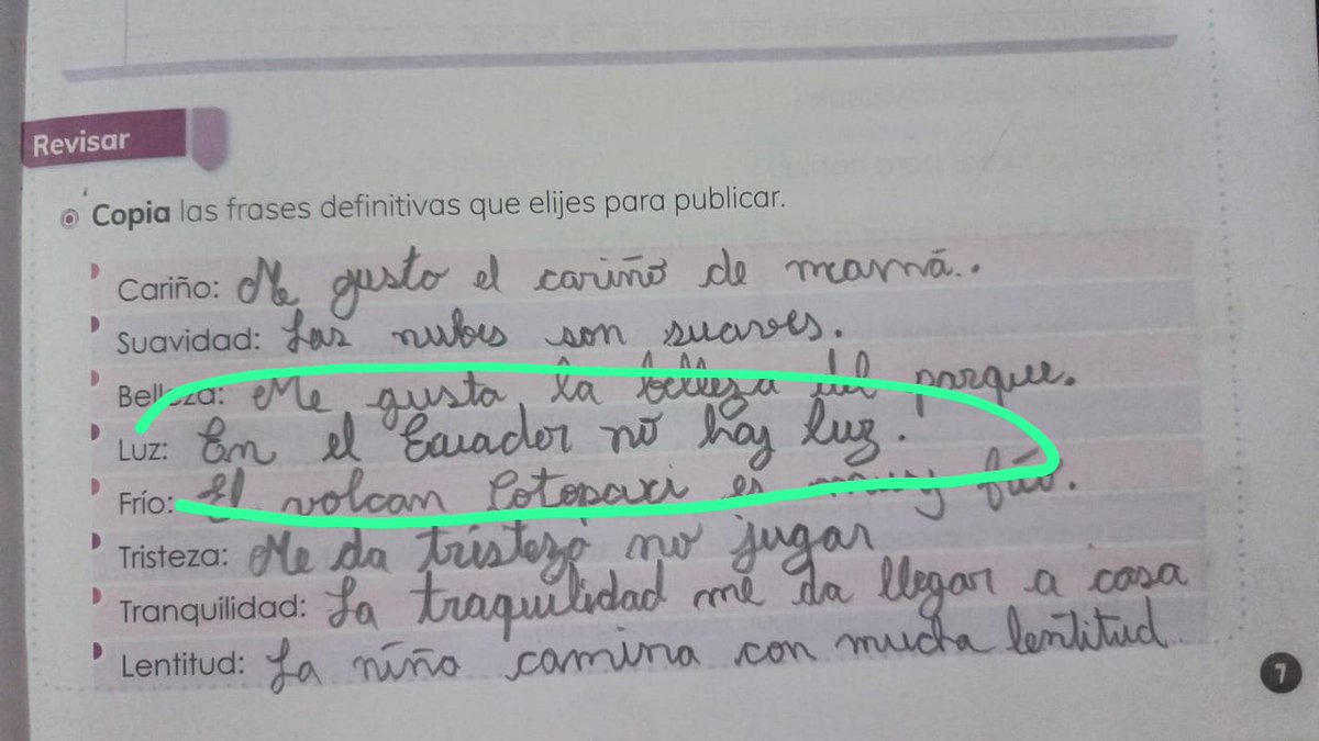 Los niños y sus respuestas. En la escuela a una criatura de 7 años le ponen a hacer oraciones con una palabra y todo iba bien hasta que le pusieron la palabra luz. Categóricamente puso:: En el Ecuador no hay luz. Jaja. Verdad irrefutable. Está guagua merece un 10/10. Qué opinan?