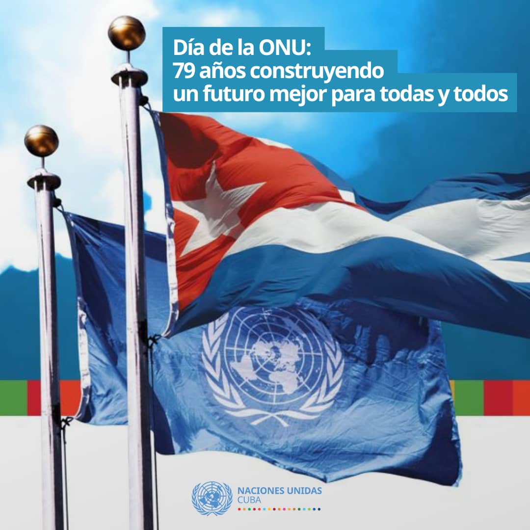 Hoy es el #DíadelaONU‼️

Desde hace 7⃣9⃣ años, trabajamos por un mundo 🌎 de paz, prosperidad y justicia.

Celebramos  en el terreno:  acompañando a 🇨🇺 en sus prioridades de #desarrollosostenible.

Hoy es el día de todas las personas que creemos  en un mundo mejor ❤️