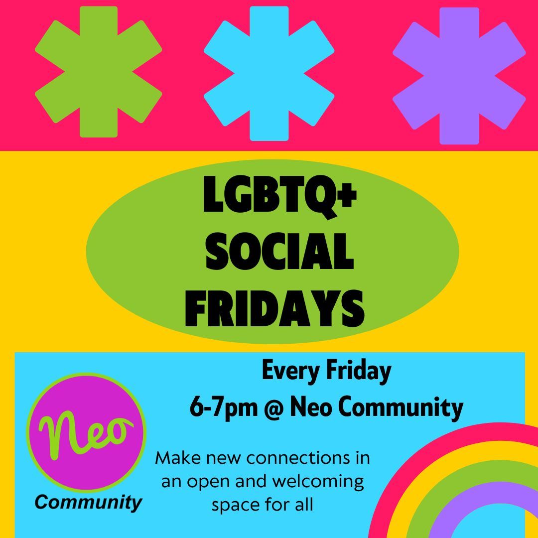 LGBTQ+ social Fridays continue tomorrow at Neo Community!

Join us every Friday 6-7pm at Neo Community for a warm and welcoming space to connect with new friends over a cuppa ☕️

Everyone is welcome - come and you are and enjoy the company of your community! 🏳️‍🌈🏳️‍⚧️ ❤️