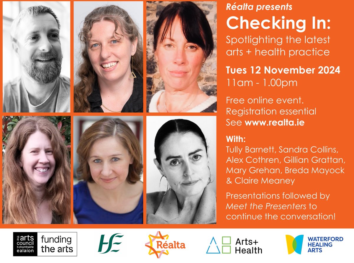 Thrilled to present our line-up of speakers for Checking In 2024, spotlighting the latest arts + health practice. Tues 12 Nov, 11am, online.
Book your FREE place here eventbrite.ie/e/checking-in-…
Kindly supported by <a href="/artscouncil_ie/">The Arts Council / An Chomhairle Ealaíon</a> &amp; <a href="/HSELive/">HSE Ireland</a>