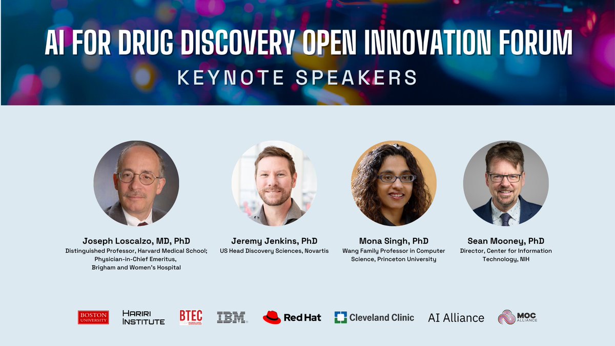 The AI for Drug Discovery Open Innovation Forum is Wed, Oct 30! <a href="/BU_Tweets/">Boston University</a> Hariri Institute is thrilled to be co-organizing this exciting event! Explore keynote talks, panel discussions, breakouts and hands-on workshops, featuring global leaders across academia, research,
