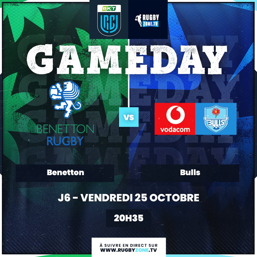 ⚡️ 𝘽𝙚𝙣𝙚𝙩𝙩𝙤𝙣  🆚 𝘽𝙪𝙡𝙡𝙨
💪 Avant un mois de trêve, les Italiens du Benetton reçoivent les finalistes de la saison dernière, les Sud-Africains des Bulls ! Ne manquez pas ce match !
💻 Coup d'envoi en direct vendredi à 20h35 sur bit.ly/Rugbyzonetv

#BKTURC #rugby