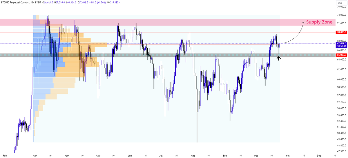 cryptclay's tweet image. #BTC/USD Daily Timeframe 

$65k turned to be a local support for $BTC 👀 

As of now I see the retest of $70k is more likely then further dump📈 

Btw we might even hit the Major Supply Zone!

While we are above $65k I am locally bullish🐃