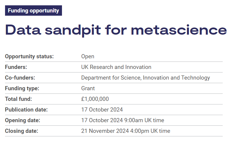 We are launching a new funding opportunity with <a href="/SciTechgovuk/">Department for Science, Innovation and Technology</a> 🎉  
 
You can now apply to attend a four-day interactive data sandpit, to develop novel research projects that will inform research and development policy making.  
 
Closes 21 Nov
 
More: orlo.uk/DlU4S