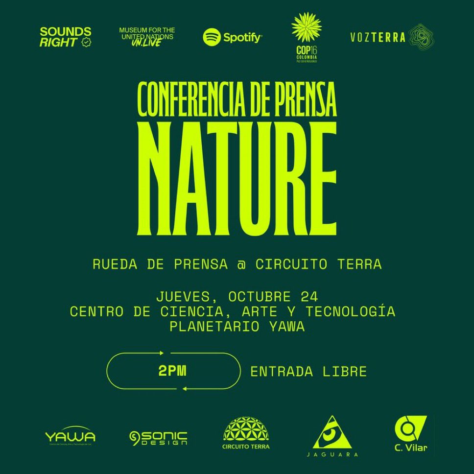 @VozTerra (@vozterra1) on Twitter photo 🌿Los invitamos a nuestra rueda de prensa este 24 de octubre en la <a href="/COP16Oficial/">COP16 COLOMBIA 🇨🇴</a>, las primeras regalías de 'NATURE' se destinarán a la protección de ecosistemas críticos en Colombia.
<a href="/SoundsRight2024/">soundsright.earth</a>
#COP16Colombia
#PazConLaNaturaleza
<a href="/museumfortheun/">Museum for the United Nations — UN Live</a> <a href="/earthpercentorg/">Earth/Percent</a> 🌿Los invitamos a nuestra rueda de prensa este 24 de octubre en la <a href="/COP16Oficial/">COP16 COLOMBIA 🇨🇴</a>, las primeras regalías de 'NATURE' se destinarán a la protección de ecosistemas críticos en Colombia.
<a href="/SoundsRight2024/">soundsright.earth</a>
#COP16Colombia
#PazConLaNaturaleza
<a href="/museumfortheun/">Museum for the United Nations — UN Live</a> <a href="/earthpercentorg/">Earth/Percent</a>