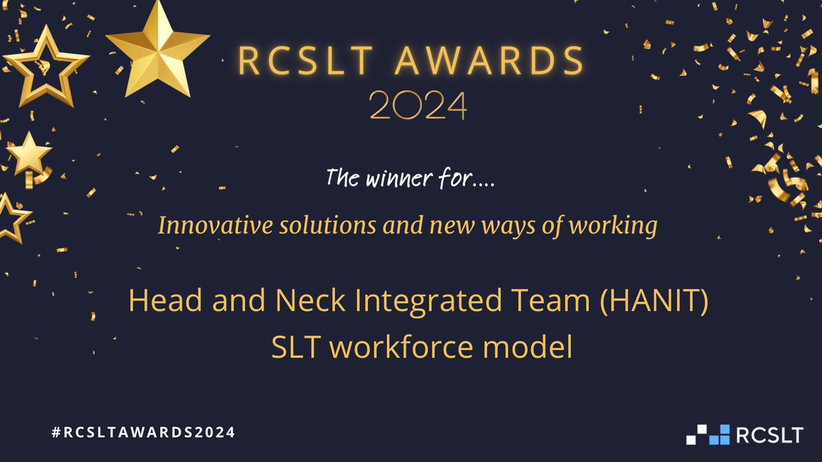 The winner of #RCSLTAwards2024 for 'Innovative solutions and new ways of working' is <a href="/CCCNHS/">The Clatterbridge Cancer Centre</a> Head and Neck Integrated Team: #SLT workforce model

For pioneering an integrated service, uniting professionals across orgs to align roles &amp; decisions within a single specialist team.