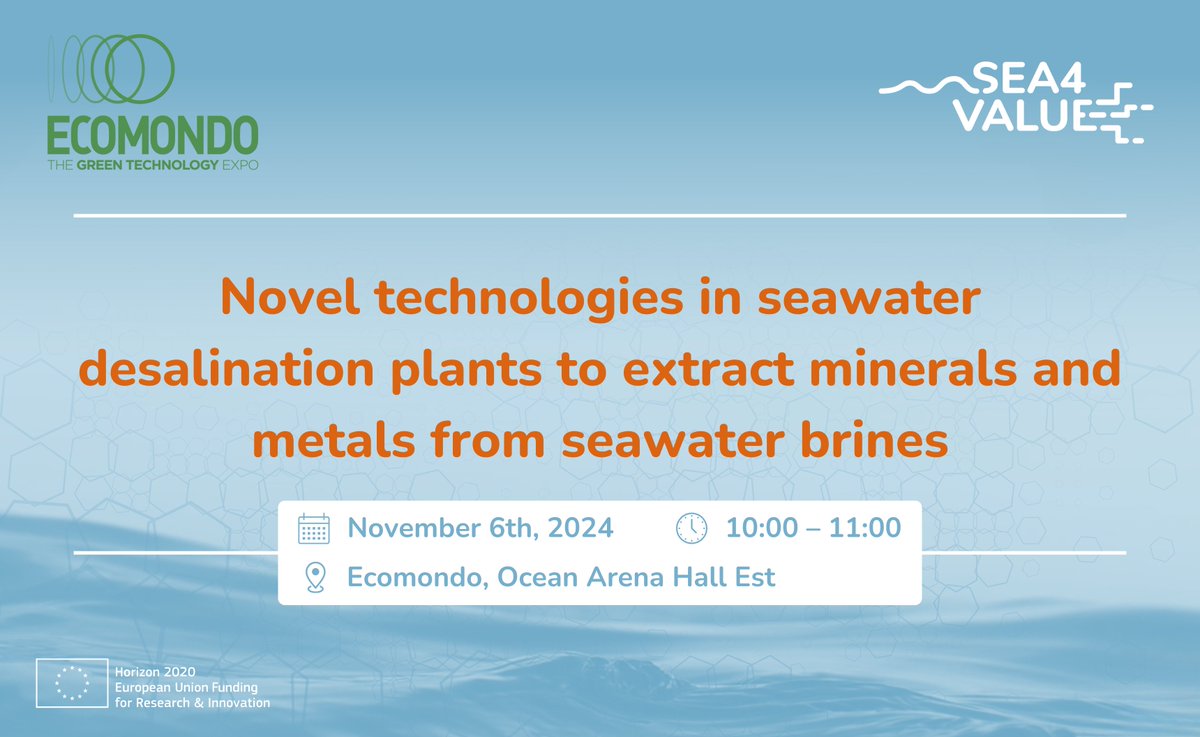💧Insciu-te a l'esdeveniments final del projecte <a href="/Sea4value/">Sea4Value</a> en el marc de la fira <a href="/Ecomondo/">Ecomondo</a> on es  presentaran els resultats finals.

🗓️ 6 de novembre de 2024
🕒10:00h
📌Ocean Arena, Hall East o on-line

🔎Programa: bit.ly/3YjefDd
✍️Registre: bit.ly/3NEnj0E