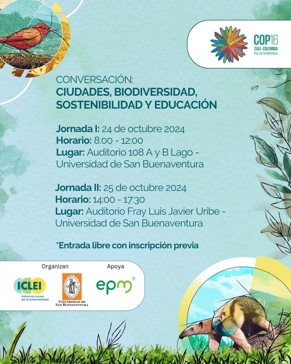 Me encuentro en la COP16 hoy, 24 de oct/24 tendré el honor de ser panelista en la Conversación CIUDADES, BIODIVERSIDAD Y EDUCACIÓN en la universidad San Buenaventura de Cali.

Estaré compartiendo con EPM, Área Metropolitana de Bucaramanga, y las alcaldías de Quito y Cartagena.