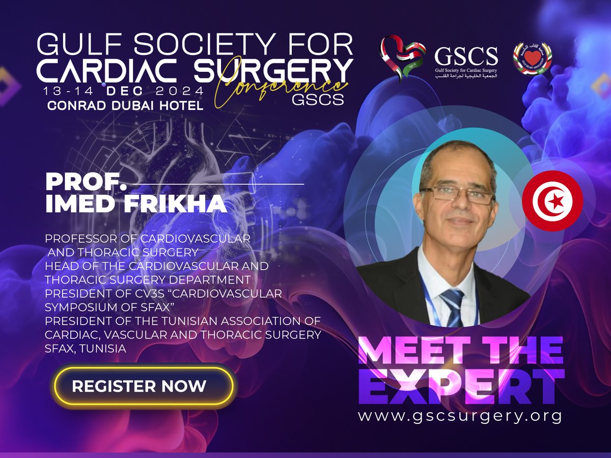 Join us at #GSCS2024 as we welcome Prof. Imed Frikha, Head of #Cardiovascular and #ThoracicSurgery at Sfax University, Tunisia. A pioneer and leader in cardiovascular surgery, his work is transforming cardiac care in Tunisia and beyond.
Register Now: gscsurgery.org/registration/