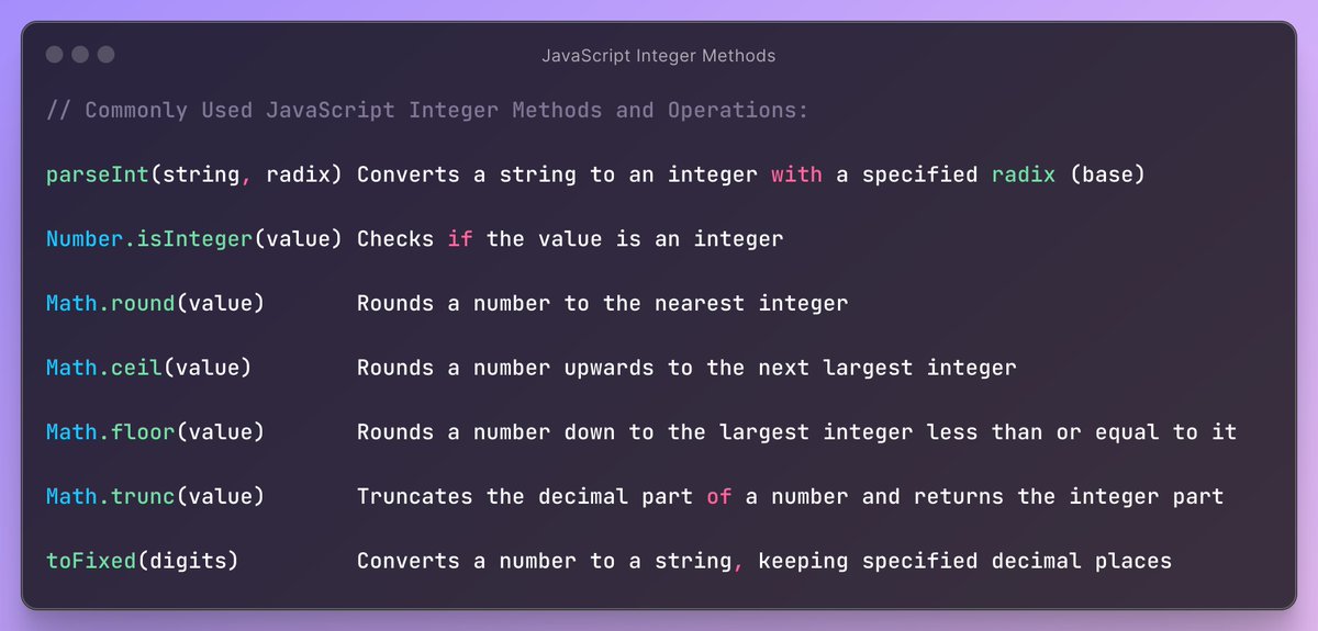 codewithzi's tweet image. Commonly Used JavaScript Integer Methods and Operations👇