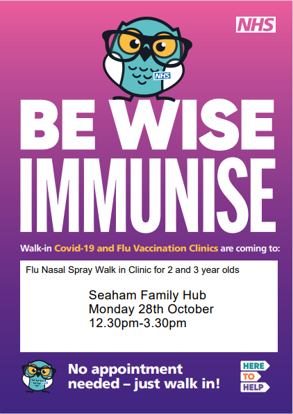 This coming Monday, October 28, Seaham Family Hub is offering flu nasal sprays for two and three-year-olds.

No appointment is needed, you can just walk in with your little one for the spray to be given.

The clinic is open from 12 30pm to 3 30pm #BeWiseImmunise