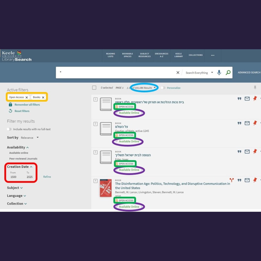 Did you know you can find open access articles and books with LibrarySearch?

Put a * in the search box to find everything and use the filters: 

Set Availability to "Open Access" and Resource Type to "Books" or "Articles".

An unlocked orange padlock shows open access resources.