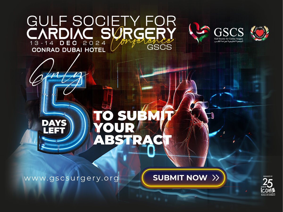 Only 5 Days Left! 🚨
Don’t miss the chance to share your groundbreaking research at #GSCS2024. Submit your #abstract today and showcase your innovations to the world’s leading cardiac experts!
Deadline: October 30, 2024
Submit Now: gscsurgery.org/abstract-submi…

#cardiacsurgery