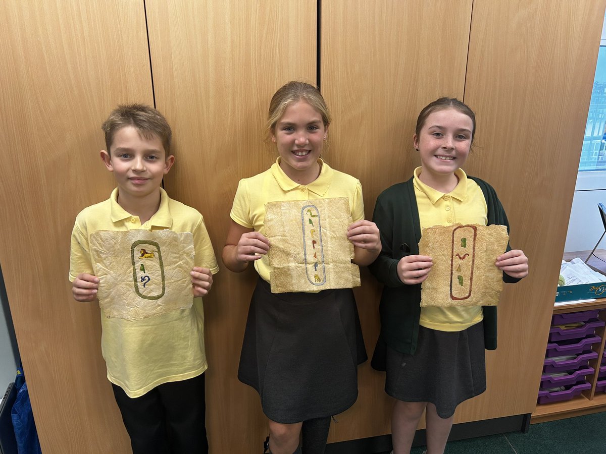 Jessica, Evie &amp; Leo came to show me their history work yesterday. They made papyrus and then painted their names in Egyptian hieroglyphs