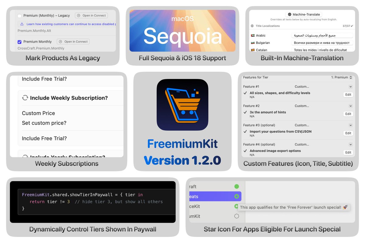 FreemiumKit 1.2.0 is live! 🎉
– Weekly Subscriptions
– Custom Feature Text Support
– One-click Feature Text translations
– Legacy Product management
– Dynamic tier visibility
And more improvements &amp; fixes!

Get it now: 👉 freemiumkit.app
#SwiftUI #iOSDev #InAppPurchases
