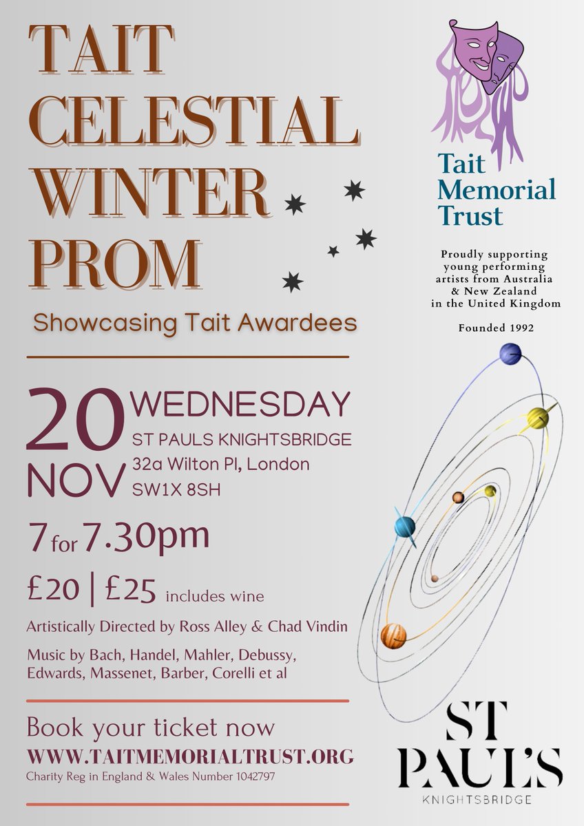 Join us for the Tait Celestial Winter Prom 20 Nov St Paul’s Knightsbridge! Young artists from Australia &amp; NZ performing works by Bach, Mahler, Debussy &amp; more. Tix £20-£25 (wine incl). tinyurl.com/msbd8ev3 cc <a href="/AusHouseLondon/">Australia House</a> <a href="/NZinUK/">NZ High Commission in London</a> <a href="/FANZArts/">Foundation for Australia & New Zealand Arts (UK)</a> <a href="/LimelightArtsAu/">Limelight</a> <a href="/BritAusSociety/">The Britain-Australia Society</a>