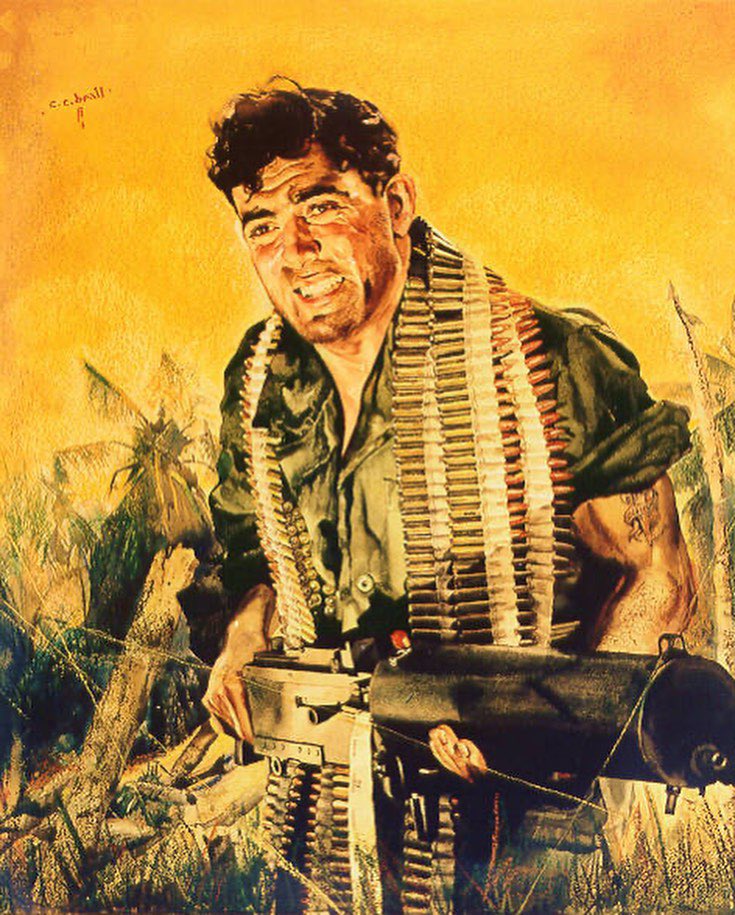 UpGoons's tweet photo. “The President of the United States of America, in the name of Congress, takes pleasure in presenting the Medal of Honor to Sergeant John “Manila John” Basilone, United States Marine Corps, for extraordinary heroism and conspicuous gallantry in action against enemy Japanese forces, above and beyond the call of duty, while serving with the First Battalion, Seventh Marines, First Marine Division in the Lunga Area. Guadalcanal, Solomon Islands, on the night of 24 - 25 October 1942. 
-
While the enemy was hammering at the Marines’ defensive positions, Sergeant Basilone, in charge of two sections of heavy machineguns, fought valiantly to check the savage and determined assault. In a fierce frontal attack with the Japanese blasting his guns with grenades and mortar fire, one of Sergeant Basilone’s sections, with its guncrews, was put out of action, leaving only two men able to carry on. 
-
Moving an extra gun into position, he placed it in action, then, under continual fire, repaired another and personally manned it, gallantly holding his line until replacements arrived. 
-
A little later, with ammunition critically low and the supply lines cut off, Sergeant Basilone, at great risk of his life and in the face of continued enemy attack, battled his way through hostile lines with urgently needed shells for his gunners, thereby contributing in large measure to the virtual annihilation of a Japanese regiment. 
-
His great personal valor and courageous initiative were in keeping with the highest traditions of the U.S. Naval Service.”
🇺🇸
