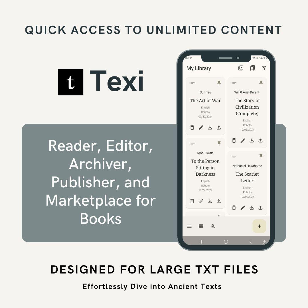 texi_app's tweet image. Welcome to Texi Archive!  
Texi is a platform designed for both writers and readers, offering commission-free publishing and selling of books. Here, everyone is treated equally, and no one is promoted through advertising.
play.google.com/store/apps/det…