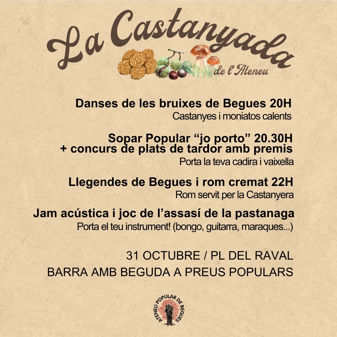 Això de celebrar la Castanyada plegades, ja és tradició!! Us esperem aquest proper dijous, per viure la nit més màgica de l’Ateneu a la voreta del foc☄️