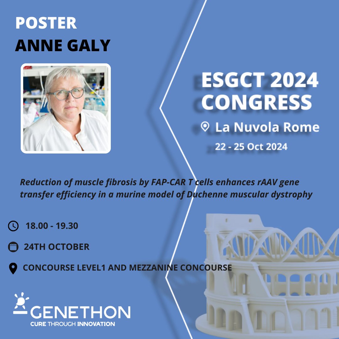 📢 [#ESGCT2024]
📄Today 06:00 pm - 07:30 pm CEST time - Come and ask your questions to Anne Galy with her poster: Reduction of muscle fibrosis by FAP-CAR T cells enhances rAAV gene transfer efficiency in a murine model of Duchenne muscular dystrophy. [Board No.0734]
#DMD