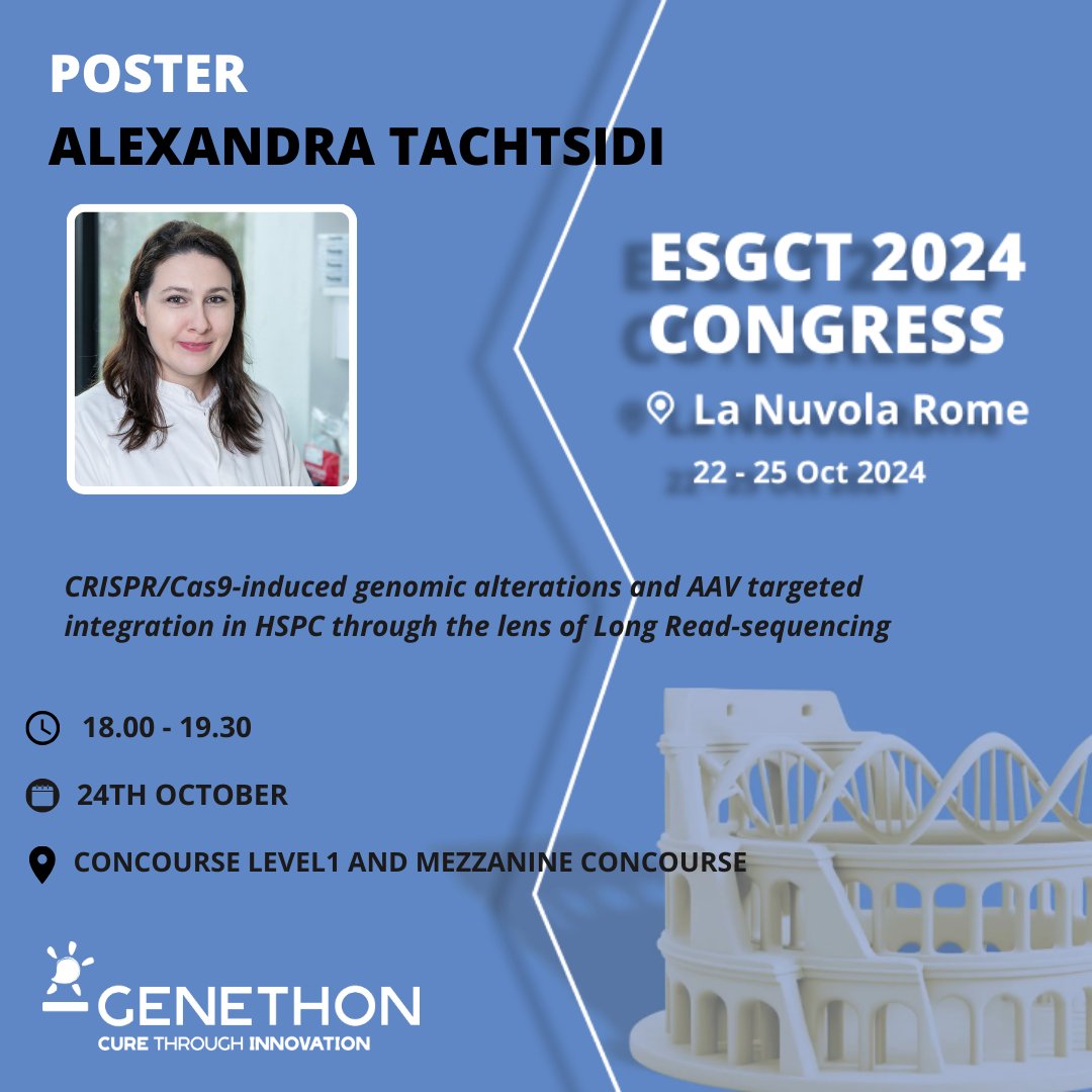 📢 [#ESGCT2024]
📄Today from 06:00 pm - 07:30 pm CEST time - Come and meet Alexandra Tachtsidi from <a href="/GenethonFr/">GENETHON France</a> with her poster: CRISPR/Cas9-induced genomic alterations and AAV targeted integration in HSPC through the lens of Long Read-sequencing, [Board No.0602].
#GeneEditing