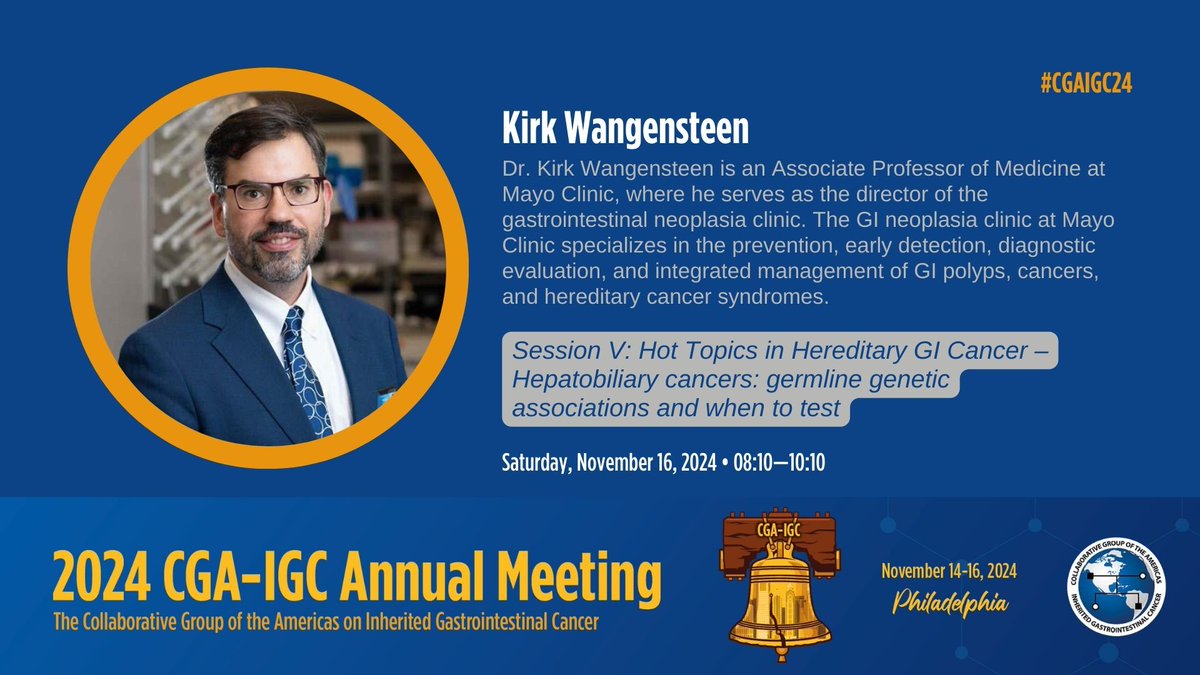 CGA-IGC (@cgaigc) on Twitter photo Meet our invited speaker at #CGAIGC24, @kirkwangensteen. An Associate Professor of Medicine at <a href="/MayoClinicGIHep/">Mayo Clinic Gastroenterology & Hepatology</a>, Dr. Wangensteen serves as the director of the gastrointestinal neoplasia clinic. Learn more about his research in #HereditaryGICancer: bit.ly/3YyZnSB Meet our invited speaker at #CGAIGC24, @kirkwangensteen. An Associate Professor of Medicine at <a href="/MayoClinicGIHep/">Mayo Clinic Gastroenterology & Hepatology</a>, Dr. Wangensteen serves as the director of the gastrointestinal neoplasia clinic. Learn more about his research in #HereditaryGICancer: bit.ly/3YyZnSB