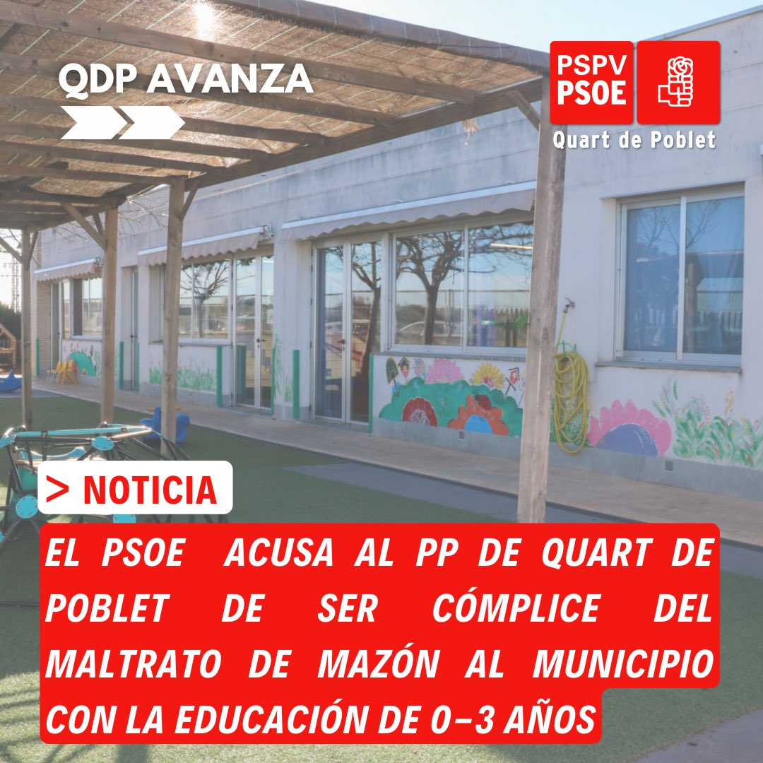 🔴El PSOE acusa al PP de Quart de Poblet de ser cómplice del maltrato de Mazón al municipio

❌El PP de Raúl Esteban llega tarde y mal al debate sobre la falsa gratuidad de la educación de 0-3 años de Mazón.

🔗Lee la noticia: psoequart.es/el-psoe-de-qua…