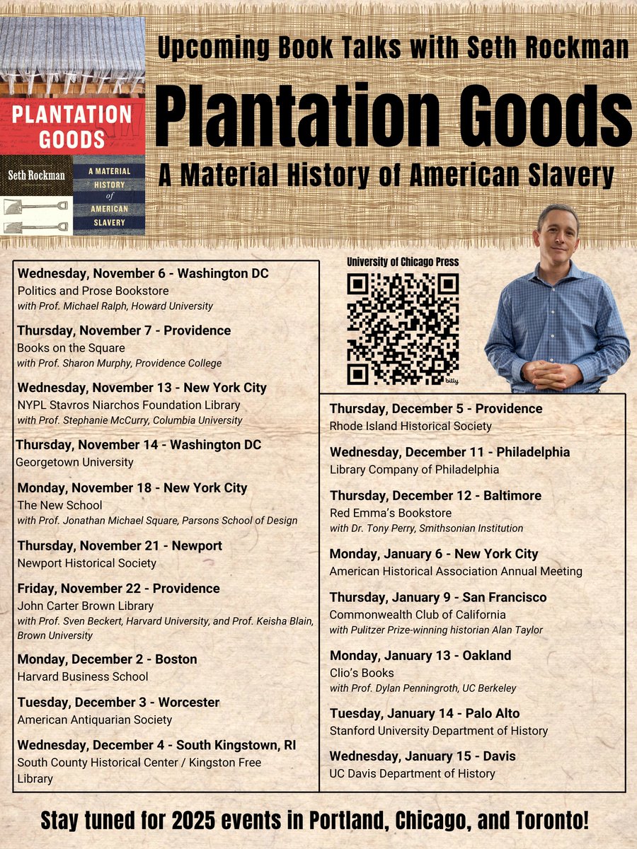 I am very excited to share **Plantation Goods: A Material History of American Slavery** with audiences around the country in the coming months. Please come say hello!