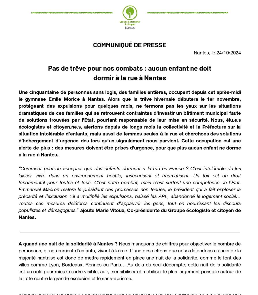 Chaque nuit, en 🇫🇷, plus de 2 000 enfants dorment dans la rue, y compris à Nantes.

L’État doit être à la hauteur de ses compétences &amp; des solutions d’urgences doivent être trouvées pour mettre fin à cette situation insoutenable.

CP sur l’occupation du gymnase Emile Morice ⬇️