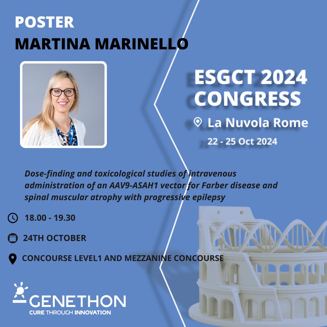 📢 [#ESGCT2024]
📄Today 06:00 pm - 07:30 pm CEST time - Martina Marinello <a href="/GenethonFr/">GENETHON France</a> presents [Board No.0890]: Dose-finding and toxicological studies of intravenous administration of an AAV9-ASAH1 vector for Farber disease and spinal muscular atrophy with progressive epilepsy.